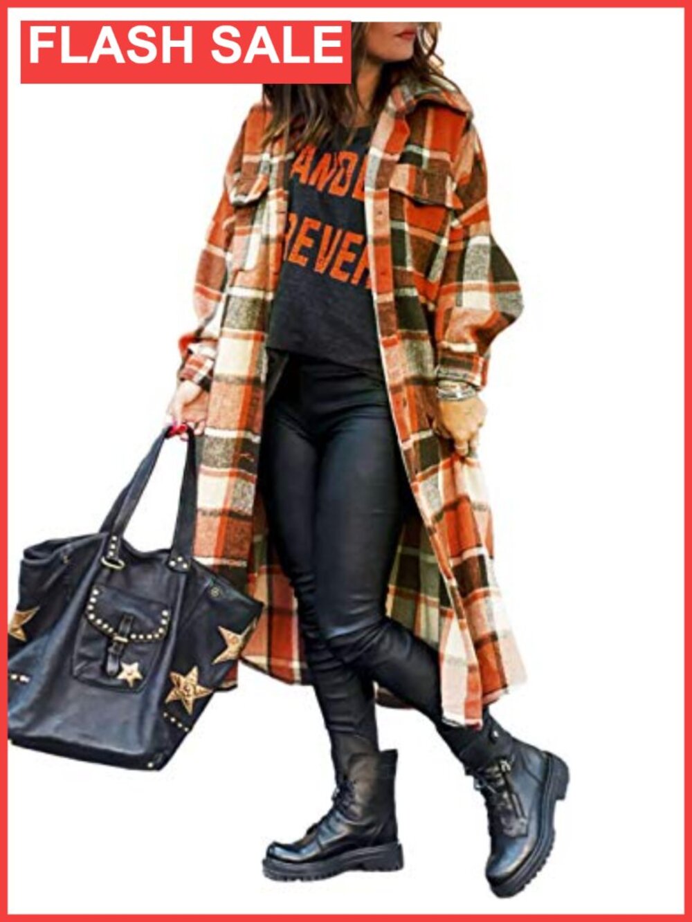 Plaid Flannel Button Down Trench Coat Relaxed Fit Women